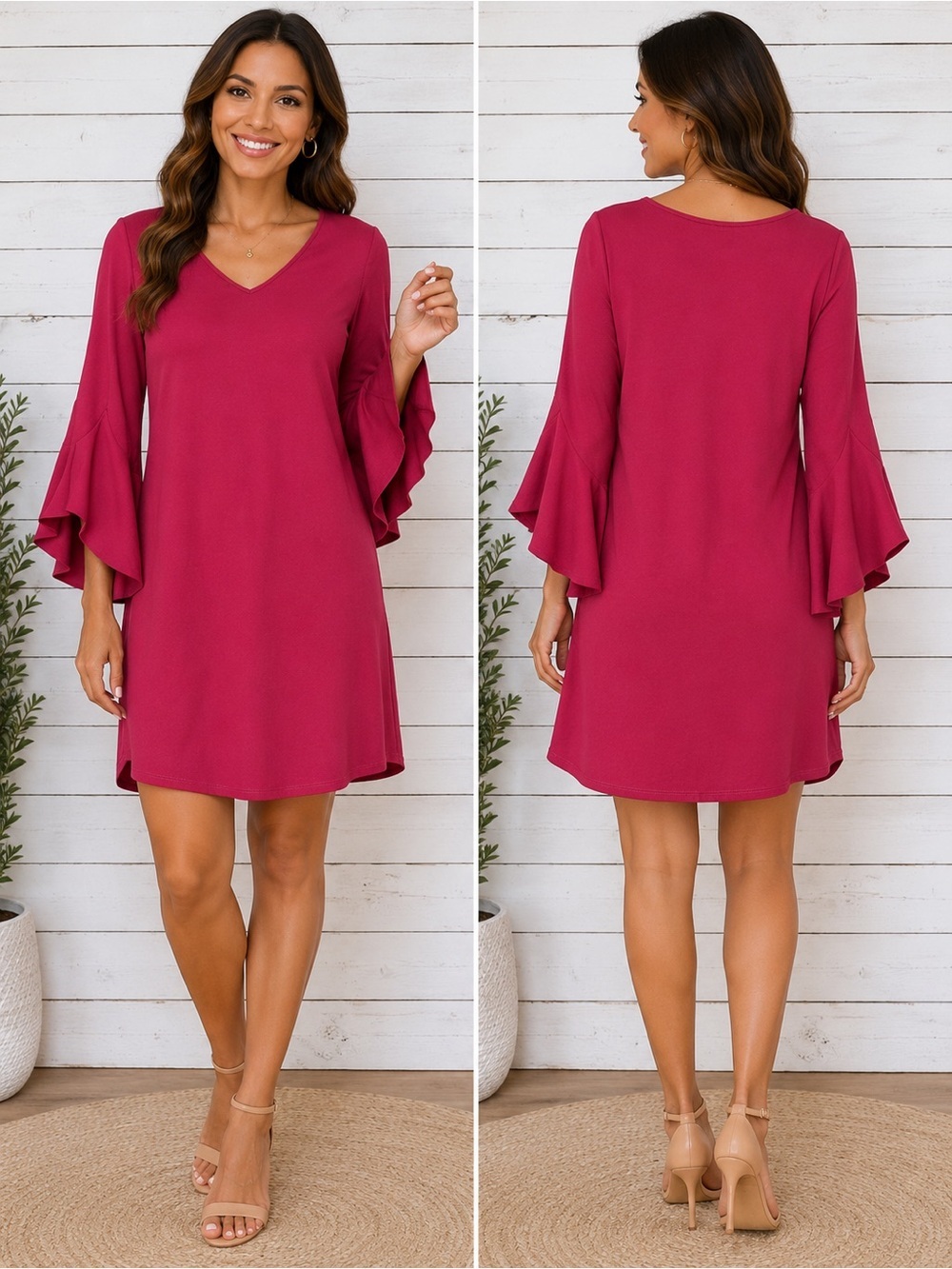 V-Neck Mini Dress with Layered Bell Sleeves - Berry Pink